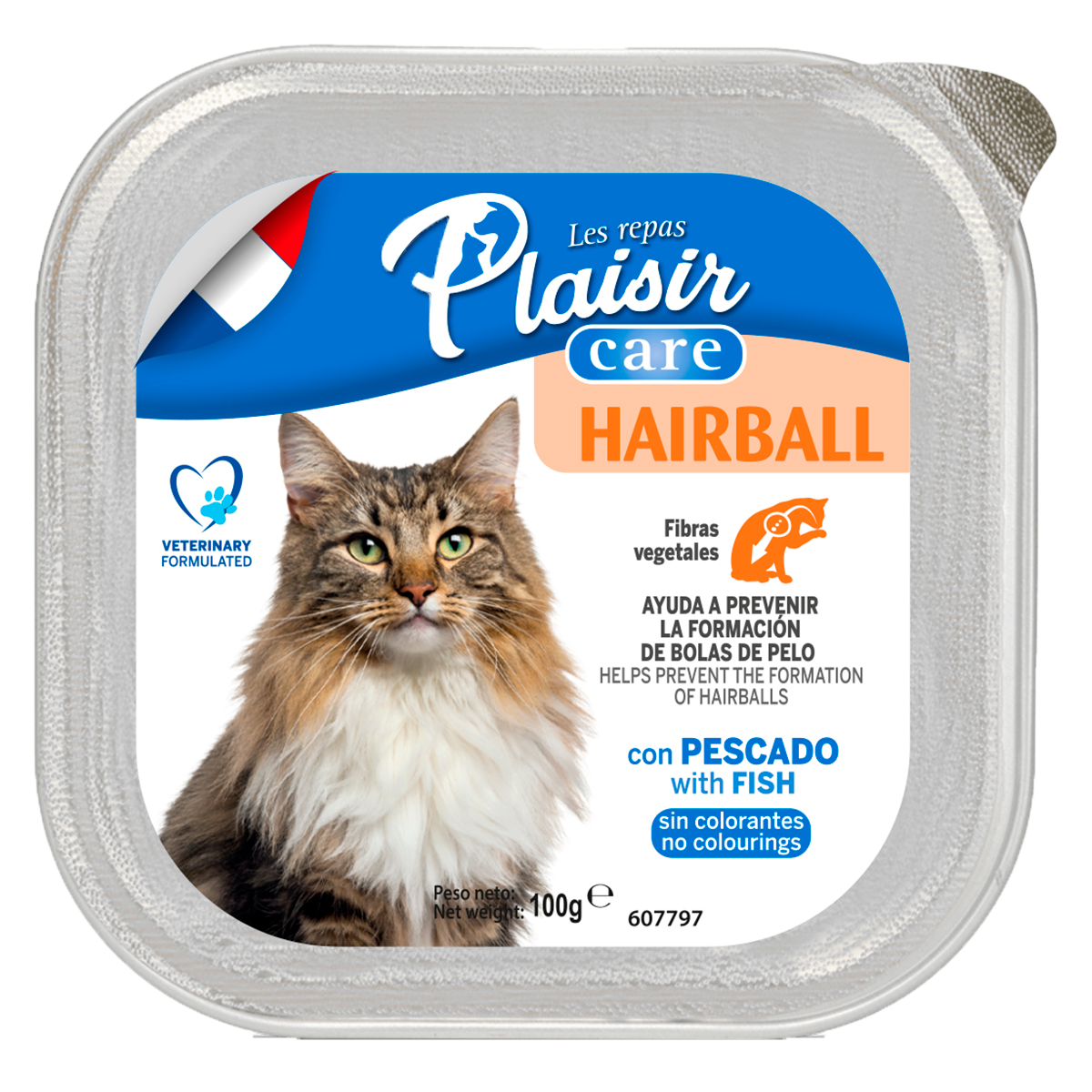 Alimento p/gato Plaisir  Adulto  Hairball Control de Bolas de Pelo Receta Pescado, 100 g